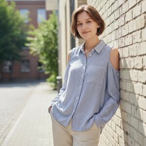 SO Perfect Shirt Womens Blue White Stripe Cold Shoulder Button Relaxed Fit Top L
